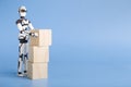 Robot sorting boxes, blue studio background with empty space
