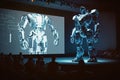 Robot on stage in a huge hall with spectators with a projection screen.Photorealistic shot generated by AI