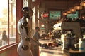 A robot standing against the background of a counter and tables in a cafe
