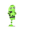 Robot standing behind blank banner. . Contains clipping path