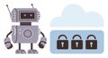 Robot Guarding Cloud-Based Data with Secure Lock Icons Royalty Free Stock Photo