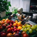 A robot that is standing in front of a pile of fruit. Generative AI image.