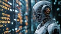 Robot standing in front of a wall of binary code representing data Royalty Free Stock Photo