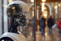 A robot is standing in a frontal position in front of a modern building, An AI-powered algorithm analyzing data to make Royalty Free Stock Photo