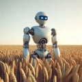 A robot standing in the middle of a wheat field.