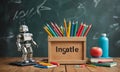 robot standing next to box with pencils and apple