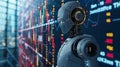 Robot standing next to the bustling stock exchange, symbolizing the intersection of technology and finance