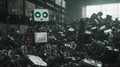A robot is standing in a pile of electronic waste. Generative AI