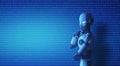 Robot standing and thinking in control room with a binary code Royalty Free Stock Photo