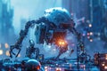 A robot stands amidst the hustle and bustle of city life, drawing attention and curiosity from passersby, A fantasy scene of