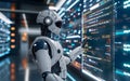 A robot stands before a computer screen in an engineering lab