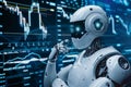 A robot stands in front of a bustling stock market, analyzing data for automated trading algorithms, Implementing trading Royalty Free Stock Photo