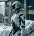 Robot stands by hospital bed futuristic assistance and support in healthcare settings