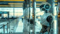 A robot stands in a large, empty room with a blue and white color scheme by AI generated image Royalty Free Stock Photo