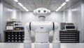 Robot stands in a modern laboratory with advanced technology in the background Royalty Free Stock Photo