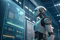The robot stands in a modern office environment focused on analyzing data displayed on monitors. Advanced technologies Royalty Free Stock Photo