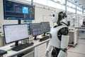 The robot stands in a modern office environment focused on analyzing data displayed on monitors. Advanced technologies Royalty Free Stock Photo