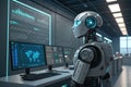 The robot stands in a modern office environment focused on analyzing data displayed on monitors. Advanced technologies Royalty Free Stock Photo