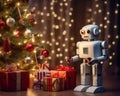 robot stands near a Christmas tree.