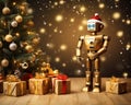 robot stands near a Christmas tree.