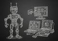 Robot stands next to a setup of three computers displaying control panels Royalty Free Stock Photo