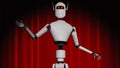 A robot stands on a stage with a red curtain