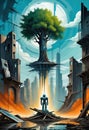 Robot staring at tree launching into space in a ruined desolate city