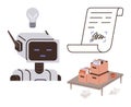 Robot automating paperwork tasks with files on desk, digital signature, and idea generation concept Royalty Free Stock Photo