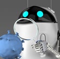 Robot studies a coronavirus with magnifier,robot with bacterium,3d render