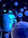 Robot studies a coronavirus with magnifier,nano robot with bacterium,3d render