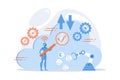 Robot studying cloud technology through magnifier. Artificial intelligence, machine learning, cloud computing, robot thinking Royalty Free Stock Photo