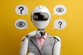 A robot in a suit pondering, surrounded by question marks and eyes against a yellow background. Royalty Free Stock Photo