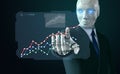 Robot in suit touching a chart on screen