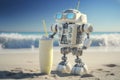 A robot in sunglasses is resting on the coast of the ocean. Generative AI Art