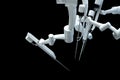 Robot surgeon, robotic equipment, manipulators isolated on a dark background. Technologies, future of medicine, surgery. 3D render