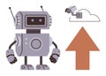 Robot with surveillance camera and cloud upload symbol representing AI integration and data transfer Royalty Free Stock Photo