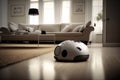 robot sweeping the floor in futuristic and high-tech living room