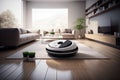 robot sweeping the floor in futuristic and high-tech living room