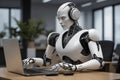 A robot, a symbol of artificial intelligence, is studying on a laptop in the office. Automation, data analytics