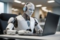 A robot, a symbol of artificial intelligence, is studying on a laptop in the office. Automation, data analytics