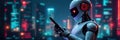 Robot with tablet, data streams shown, ML process, circuit, digital, automation