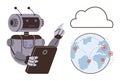 Robot with tablet managing cloud-based global connection and data points on world map Royalty Free Stock Photo