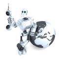 Robot with tablet phone tube and earth globe. Global communication concept. Isolated. Clipping path