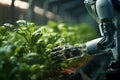 A robot takes care of plants in a futuristic greenhouse. generative AI