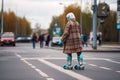 The robot takes the old woman across the road at a pedestrian, created with Generative AI technology