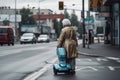 The robot takes the old woman across the road at a pedestrian, created with Generative AI technology