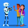 Robot Takes Pictures Of Young Happy Couple Man And Woman Vector. Isolated Illustration