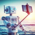 A robot takes a selfie using a smartphone and a selfie stick