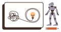 Robot beside tangled wire forming lightbulb idea with pencil on a creative workspace Royalty Free Stock Photo