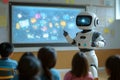 A robot teacher explaining material to students in a classroom, with interactive 3D holograms on the board Royalty Free Stock Photo